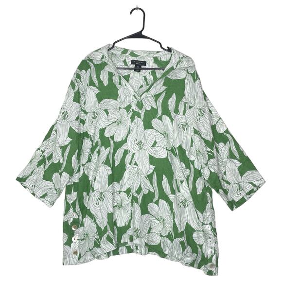Tahari Womens Blouse Sz 1X Plus Linen Floral Cottagecore Green Flowy Boho Artsy - Picture 1 of 8
